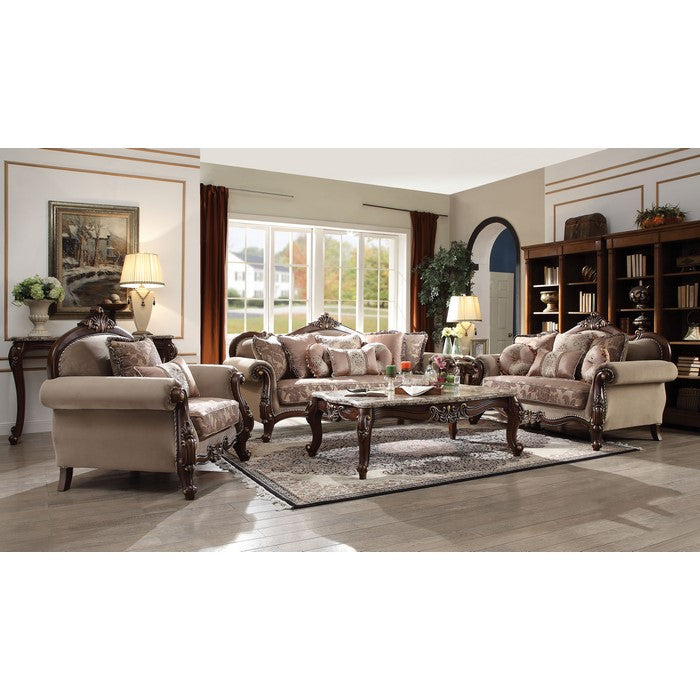 Velvet Upholstery Loveseat With Six Pillows & Arched Backrest, Dark Walnut