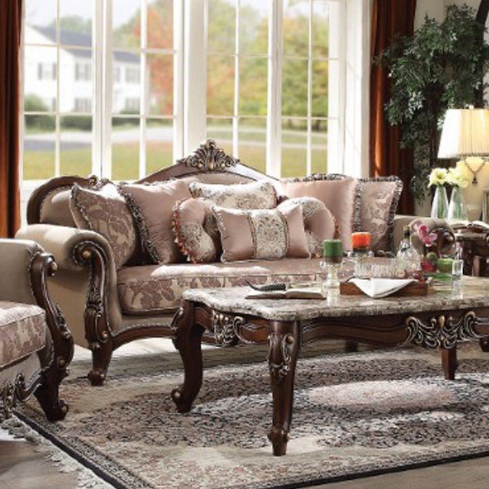 Velvet Upholstery Loveseat With Six Pillows & Arched Backrest, Dark Walnut