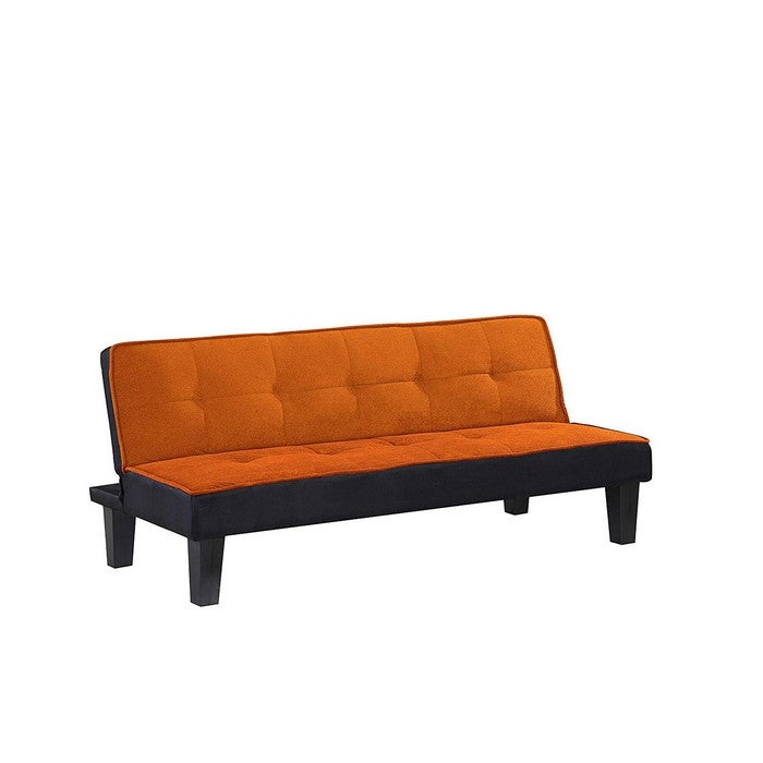 Button Tufted Fabric Upholstered Wooden Adjustable Sofa, Orange and Black