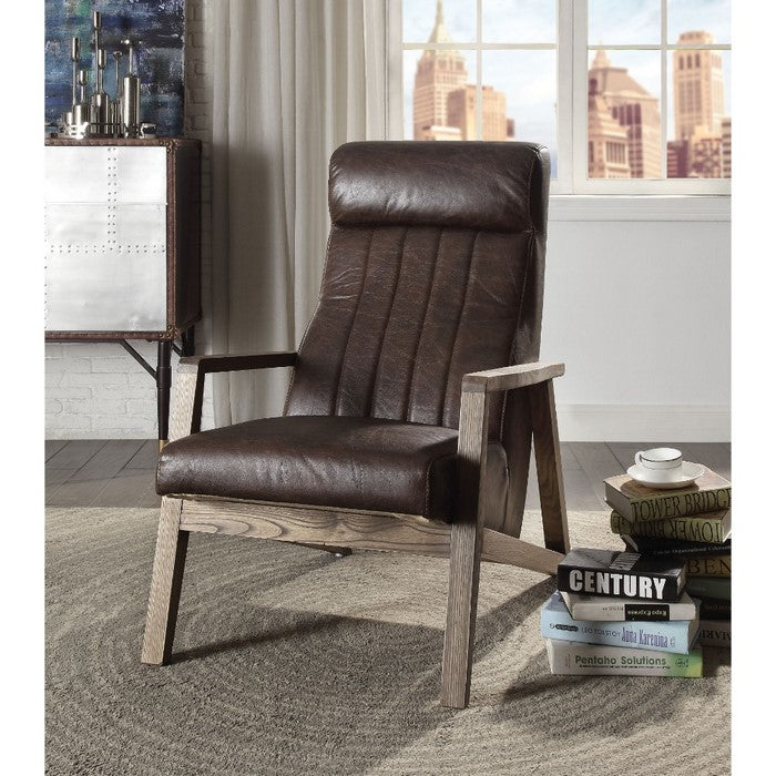 Faux Leather Upholstered Wooden Accent Chair with Stitched Back, Brown