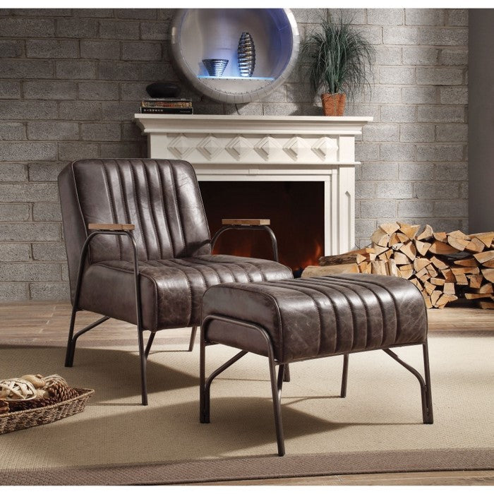 Faux Leather Upholstered Metal Chair and Ottoman, Pack Of Two, Espresso Brown