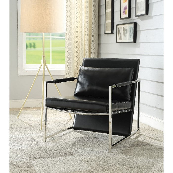Polyurethane Upholstered Metal Accent Chair with Pillow, Black and Silver