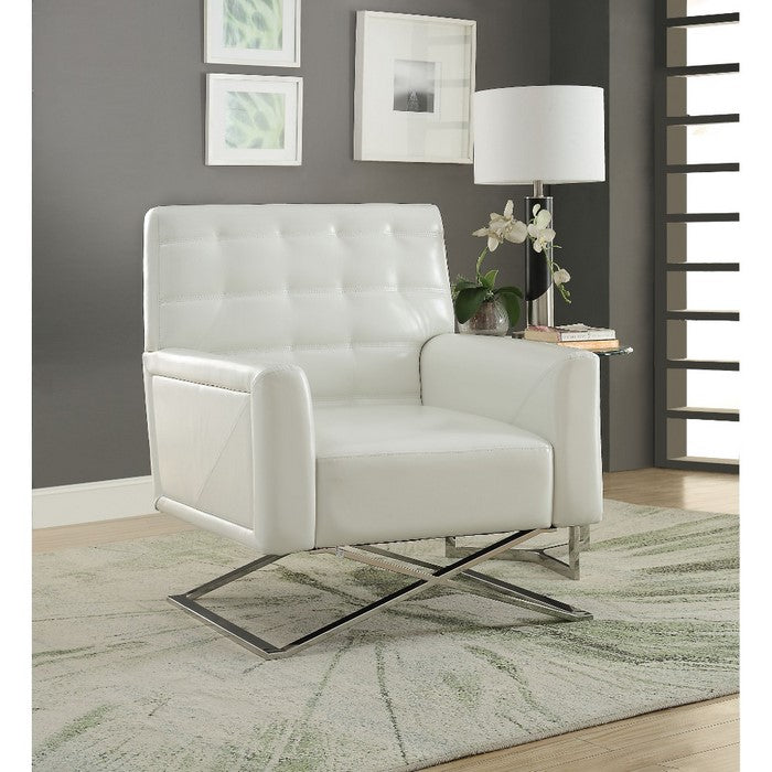 Polyurethane Upholstered Metal Accent Chair with Stationary Seat, White and Silver