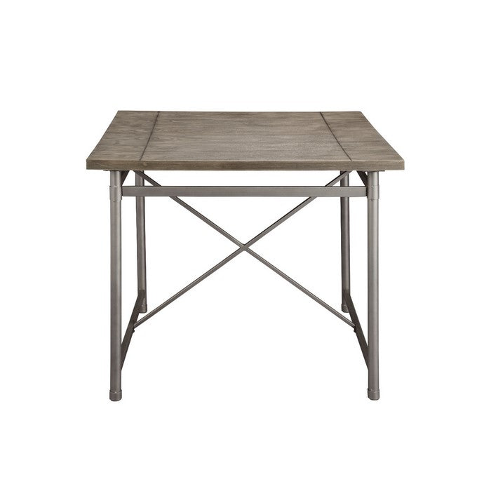 Metal Frame Counter Height Table with Wooden Top and X Shaped Support, Gray
