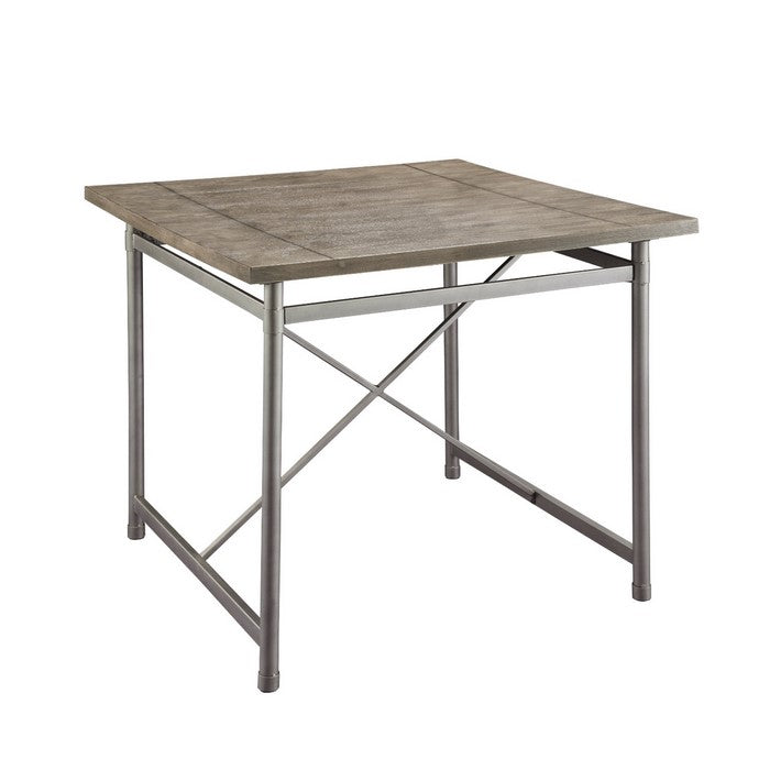 Metal Frame Counter Height Table with Wooden Top and X Shaped Support, Gray