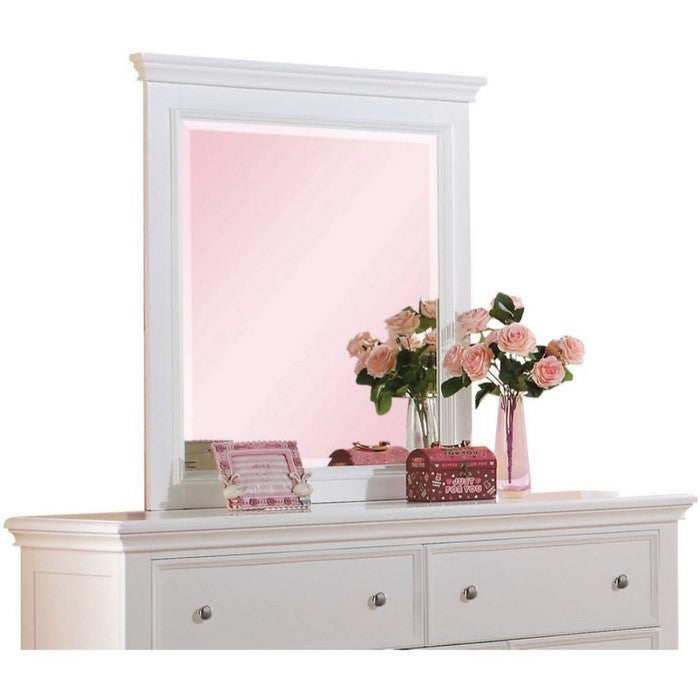 Transitional Style Wooden Frame Beveled Mirror with Molded Details, White