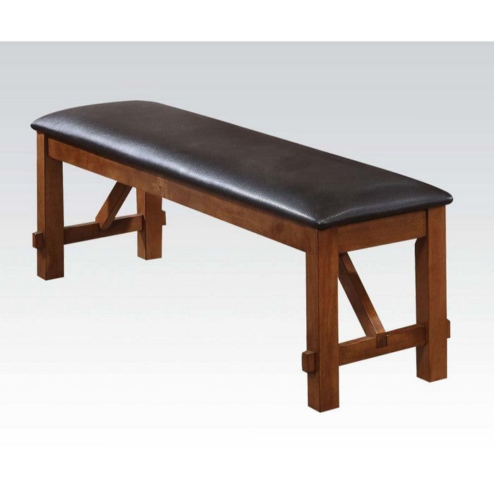 Leatherette Rectangular Shaped Bench with Block Legs, Black and Brown