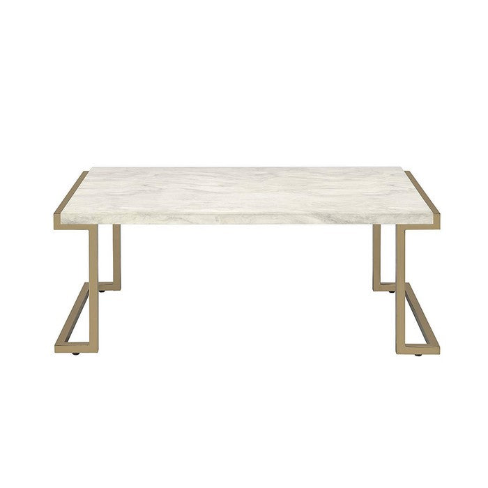 Faux Marble Top Coffee Table With Metal Base, White And Gold