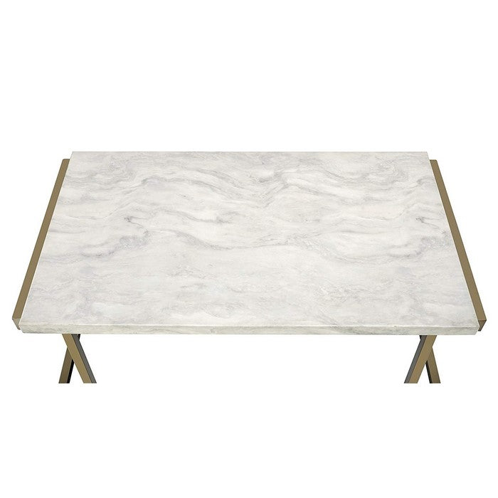 Faux Marble Top Coffee Table With Metal Base, White And Gold