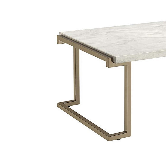 Faux Marble Top Coffee Table With Metal Base, White And Gold