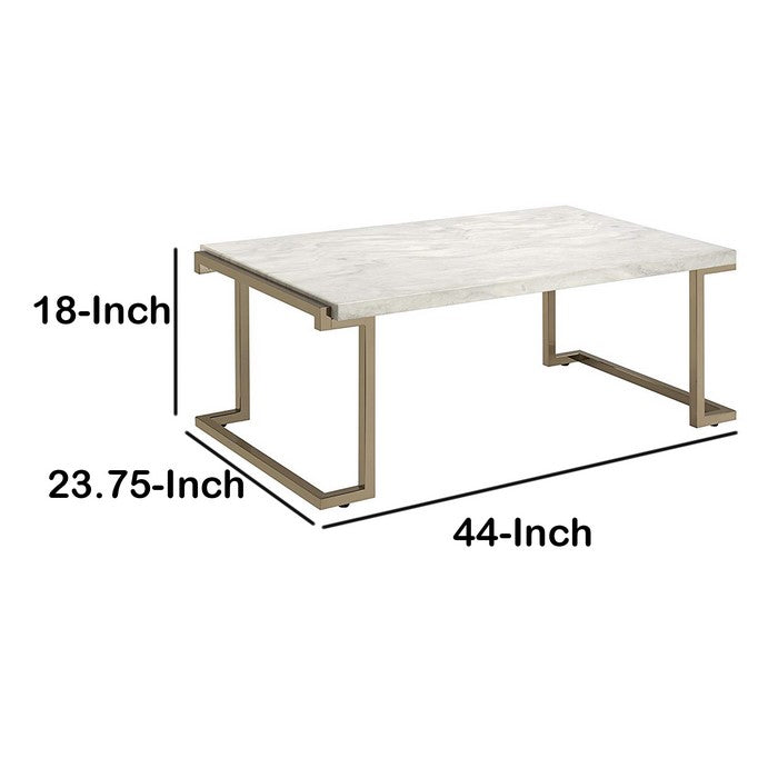 Faux Marble Top Coffee Table With Metal Base, White And Gold