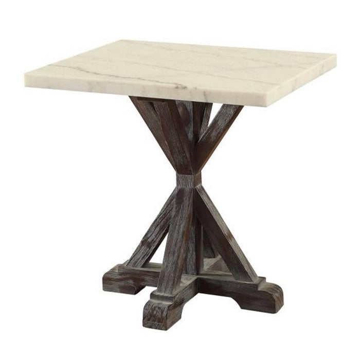 Marble Top End Table With Wooden Tri-Pod Base, White And Espresso Brown
