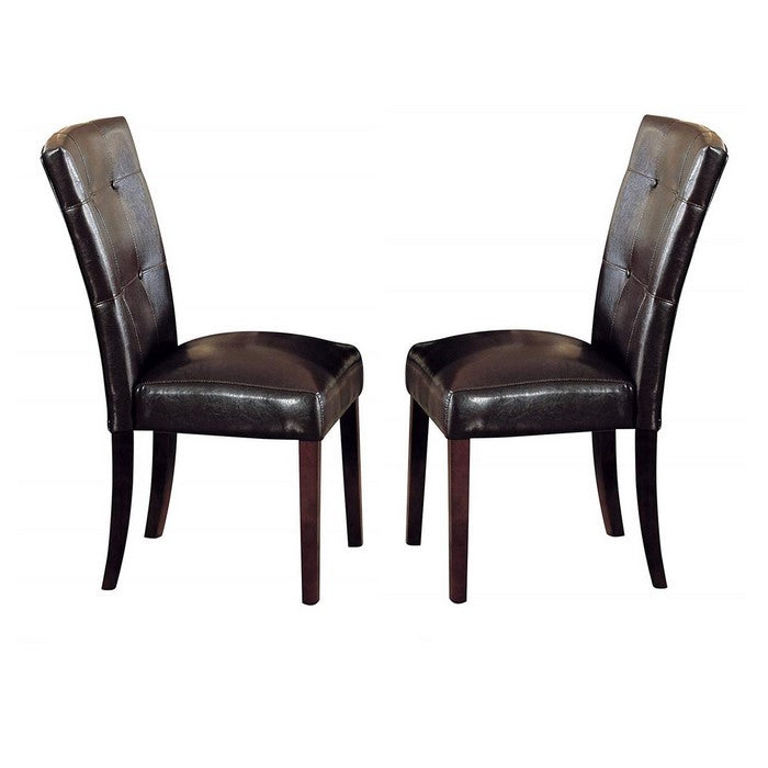 Button Tufted Polyurethane Upholstered Wooden Side Chair, Set of Two, Brown