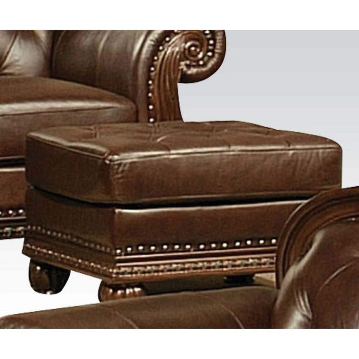 Faux Leather Upholstered Ottoman with Nail head Trim Detail, Espresso Brown
