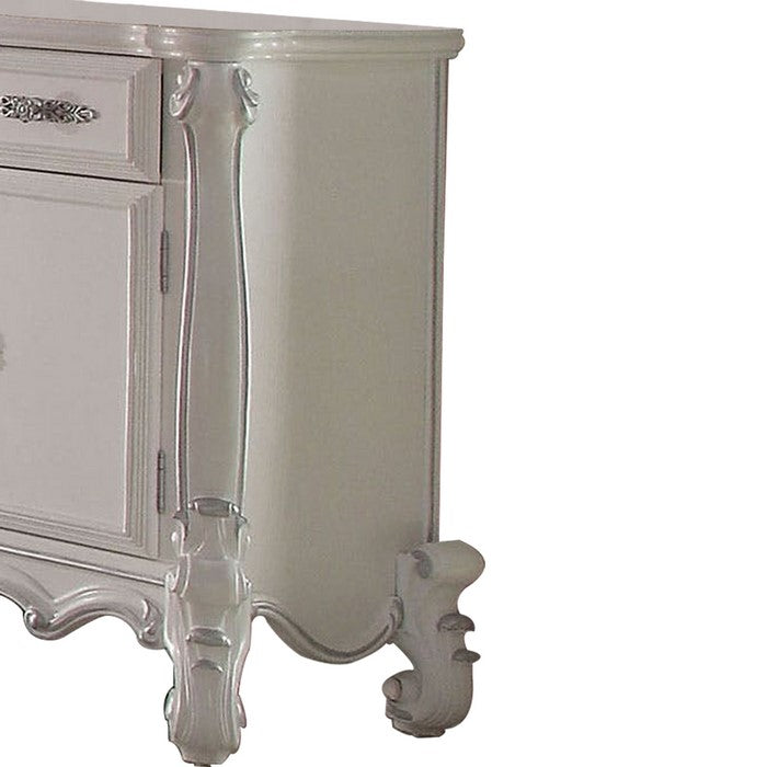 5 Drawer Wooden Dresser with 2 Cabinets and Carved Details, White