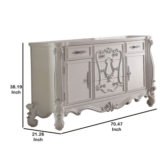 5 Drawer Wooden Dresser with 2 Cabinets and Carved Details, White