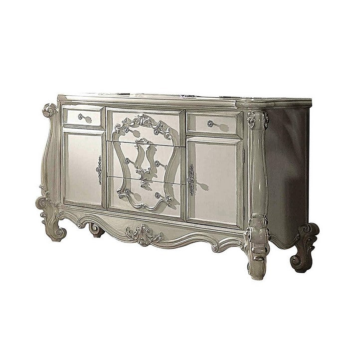 5 Drawer Wooden Dresser with 2 Cabinets and Carved Details, White