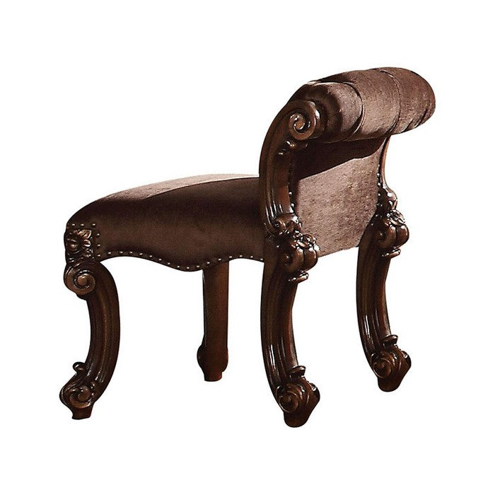 Rolled Back Fabric Vanity Stool with Scroll Legs, Brown