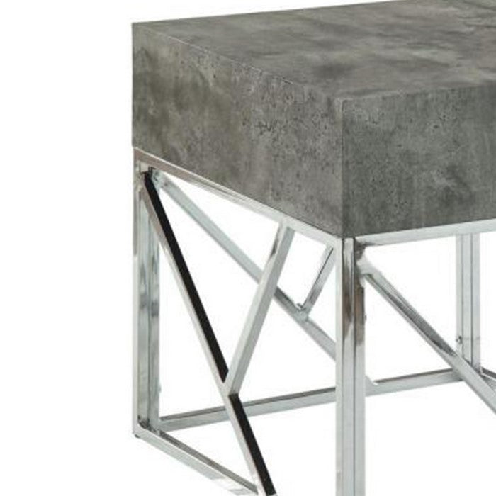 Faux Marble Square End Table With Metal Geometric Open Base, Gray and Silver