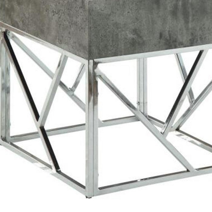Faux Marble Square End Table With Metal Geometric Open Base, Gray and Silver