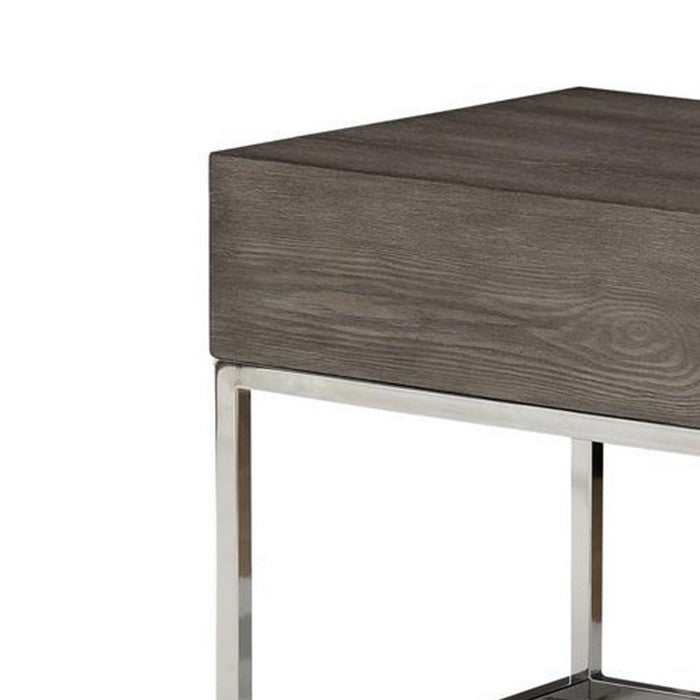 Wooden Square Top End Table With Metal Base, Brown And Silver