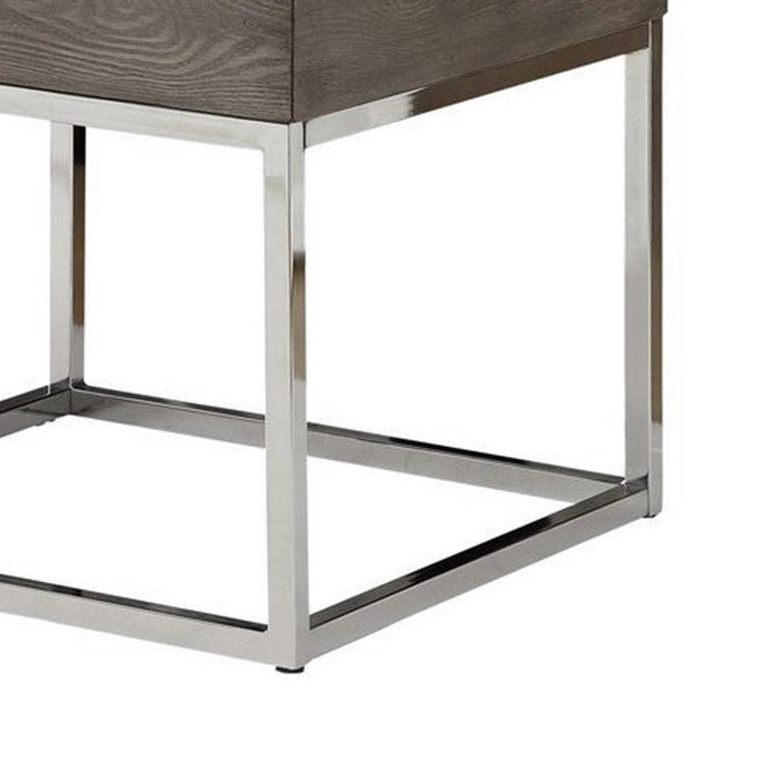 Wooden Square Top End Table With Metal Base, Brown And Silver