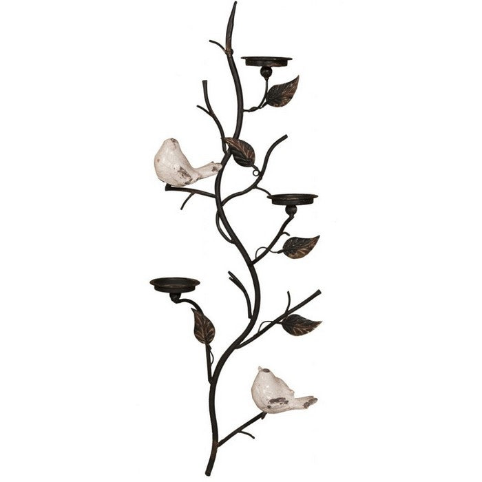 Wall Mount Metal Branch Candle Holder With Ceramic Birds, Black