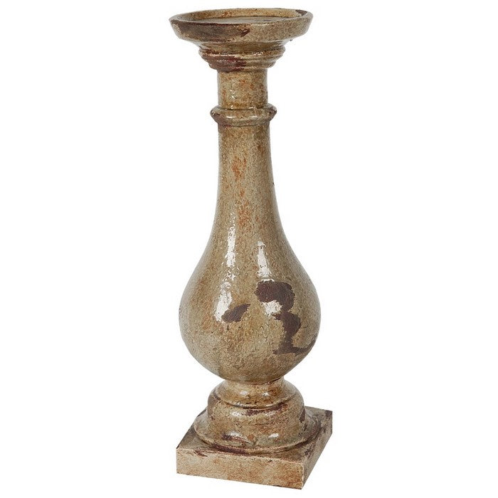 Traditional Style Distressed Ceramic Pillar Shaped Candle Holder, Brown