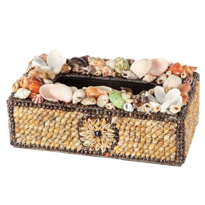 BeautifullyDecorated Plywood Tissue Box With Natural Seashells, Multicolor