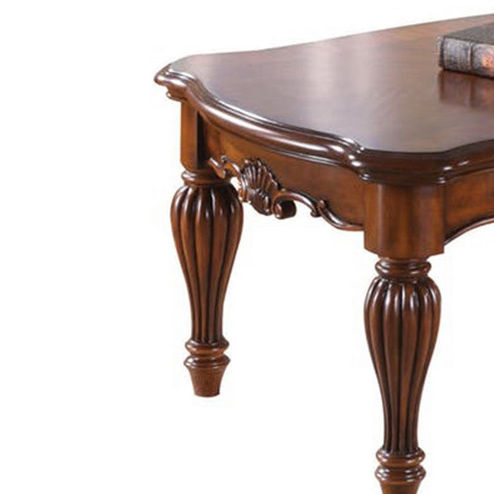 Wooden Coffee Table with Reeded Turned Legs, Cherry Brown