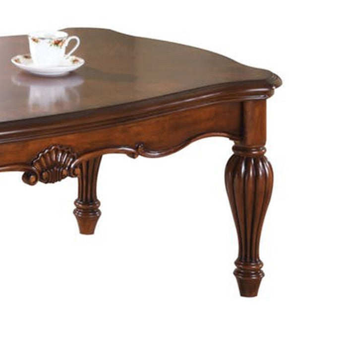 Wooden Coffee Table with Reeded Turned Legs, Cherry Brown