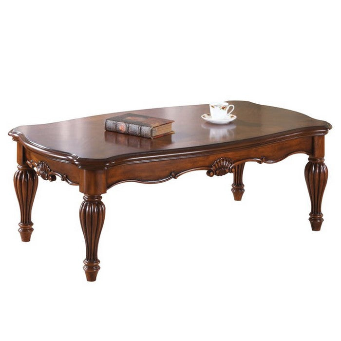 Wooden Coffee Table with Reeded Turned Legs, Cherry Brown