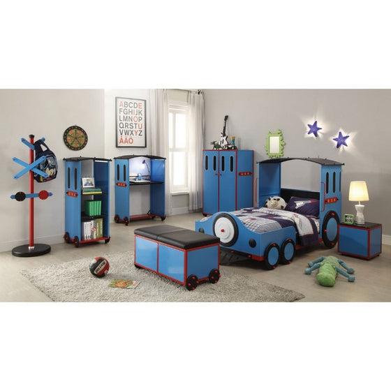 Contemporary Style Metal and Leatherette Bed with Train Design Twin Bed, Blue