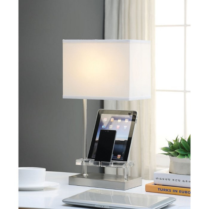 Contemporary Metal and Acrylic Table Lamp with Charging Dock, White and Silver