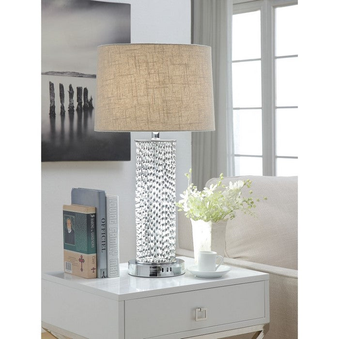 Contemporary Metal and Acrylic Table Lamp with Drum Shade, Silver and Brown