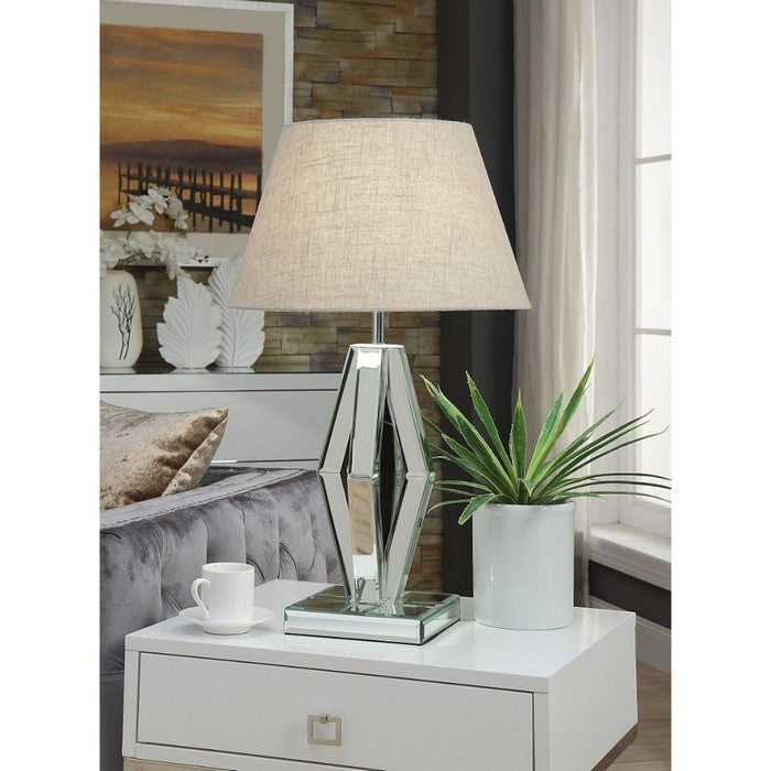 Contemporary Metal and Mirror Table Lamp with Diamond Base, Silver and Brown