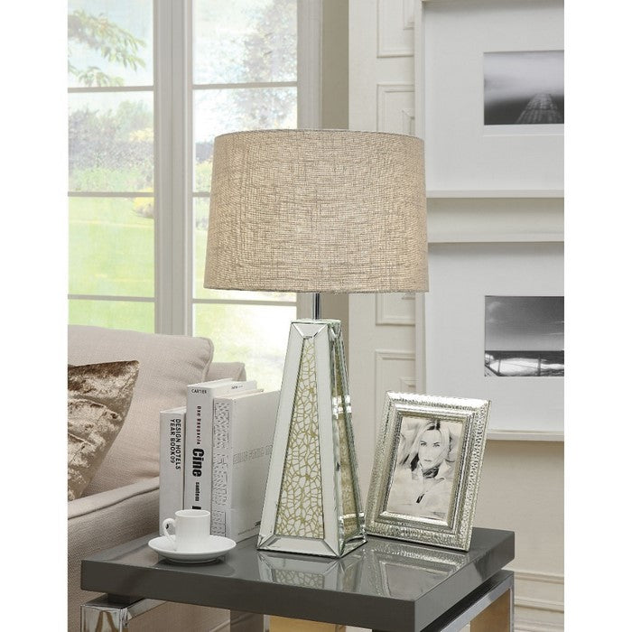 Contemporary Metal and Mirror Table Lamp with Pyramid Base, Silver and Brown