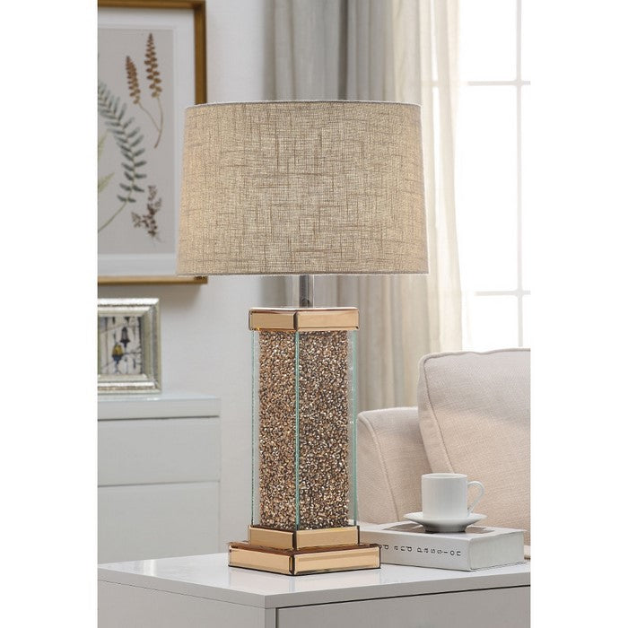 Contemporary Metal and Mirror Table Lamp with Rectangular Base, Gold and Brown