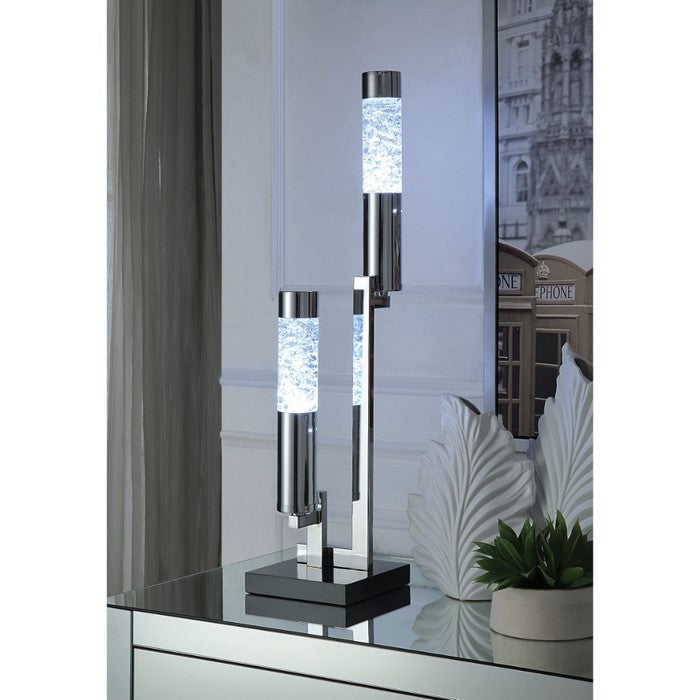 Metal Table Lamp with Cylindrical Shade and Square Base, Silver