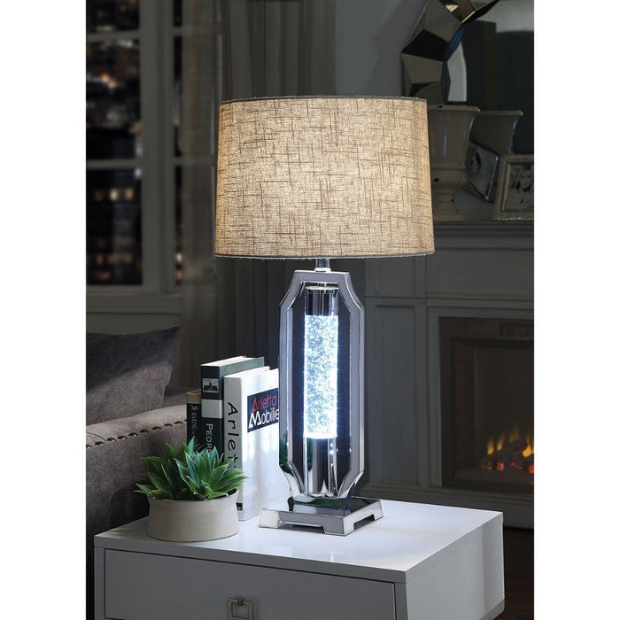 Contemporary Metal and Glass Table Lamp with Drum Shade, Silver and Brown