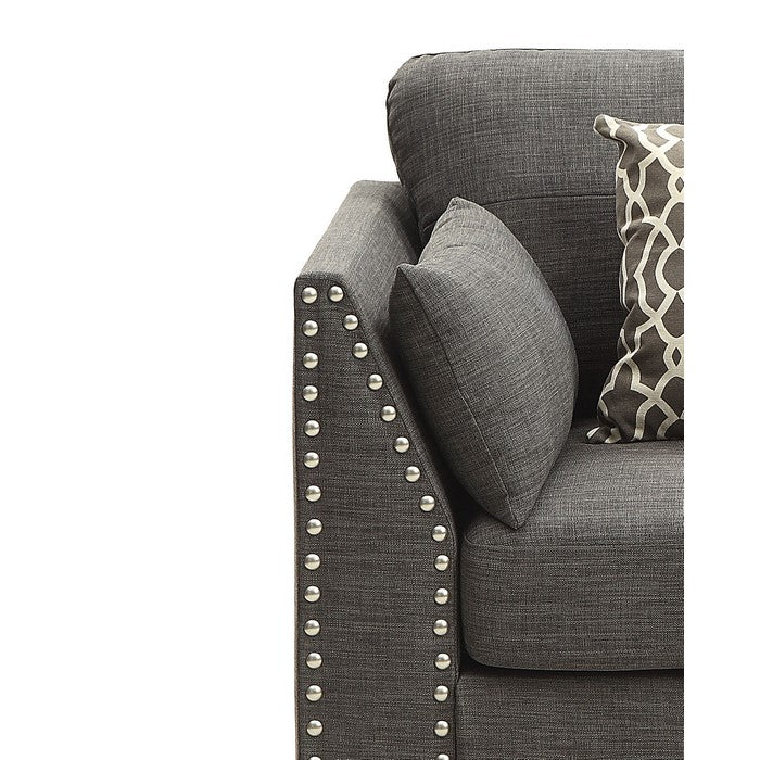 Transitional Style Wood and Linen Chair with 3 Pillows, Gray