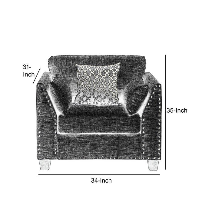 Transitional Style Wood and Linen Chair with 3 Pillows, Gray