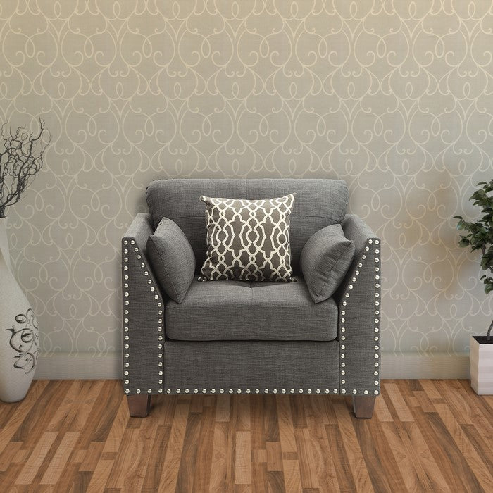 Transitional Style Wood and Linen Chair with 3 Pillows, Gray