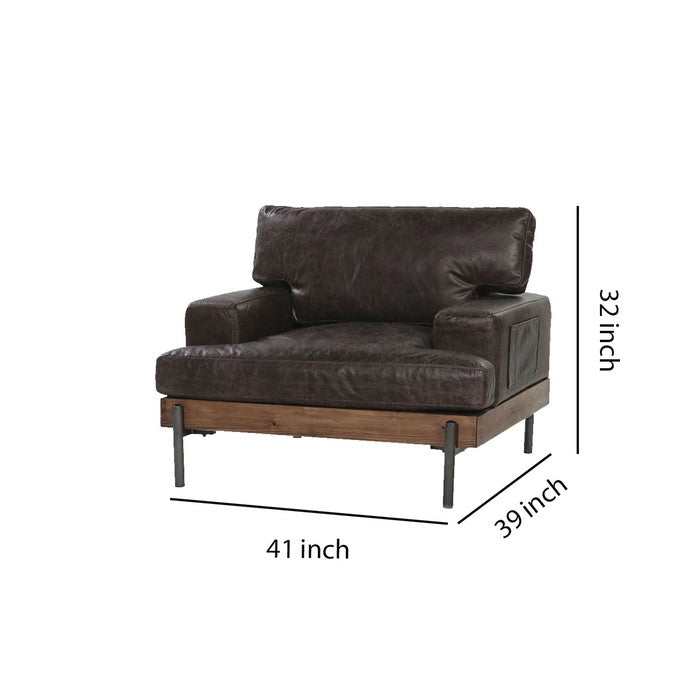 Leatherette Track Arms Chair with Metal Spindle Legs, Brown
