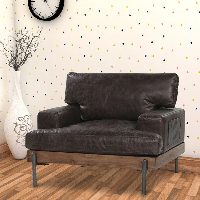 Leatherette Track Arms Chair with Metal Spindle Legs, Brown