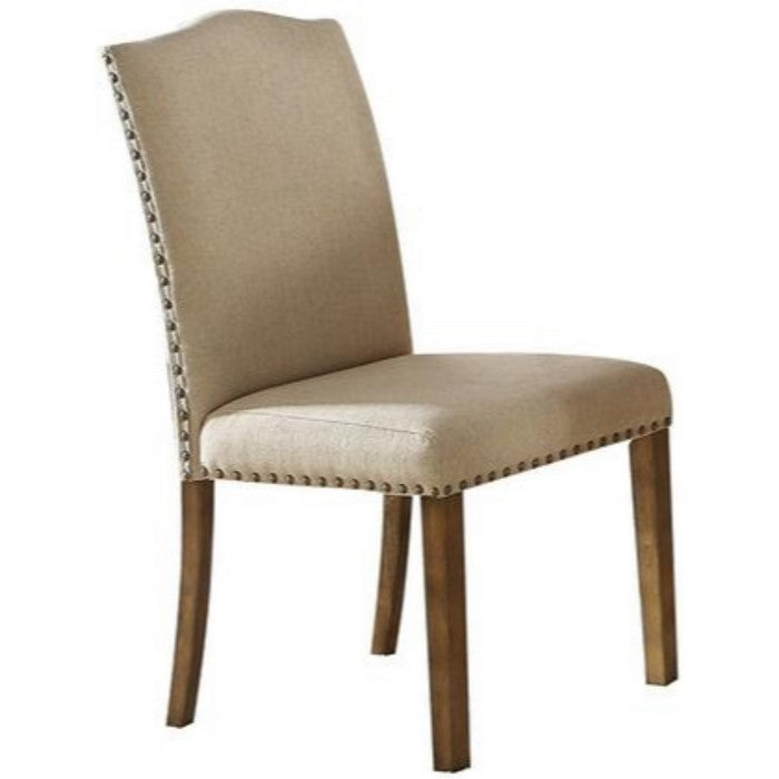 Fabric Upholstered Wooden Side Chair with Camel Back, Set of 2, Beige and Brown