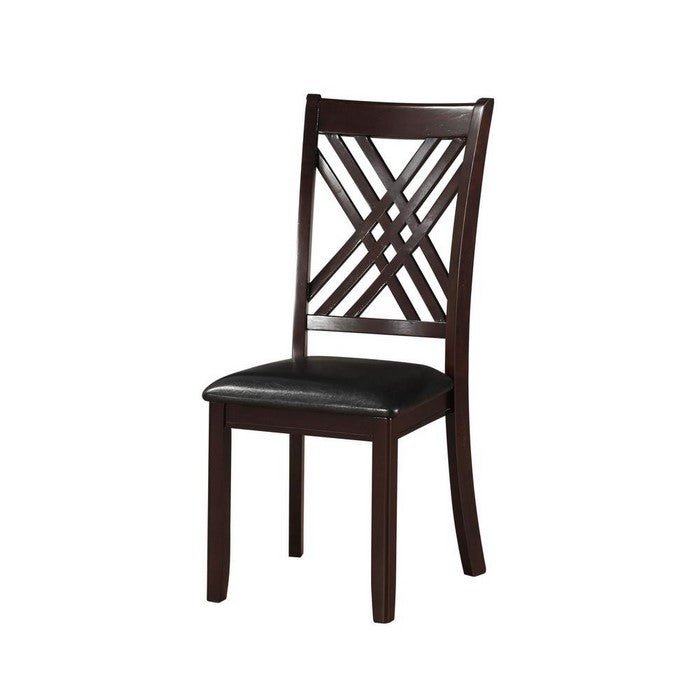 Leatherette Wooden Side Chair with Cross Lattice Back, Set of 2, Black and Brown