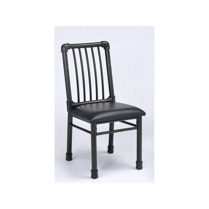 Slatted Back Metal Frame Side Chair with Leatherette Seat, Set of 2, Black