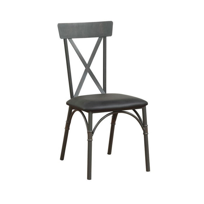 Metal Frame Side Chair with Leatherette Seat, Set of 2, Black and Gray