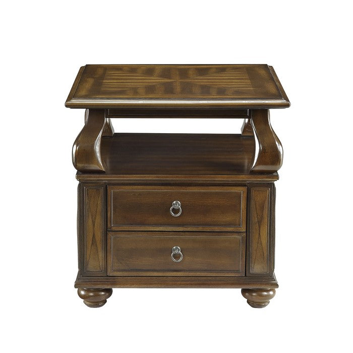 Transitional Wooden End Table with Two Drawers and Open Shelf, Walnut Brown